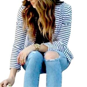 Tahari Navy White Striped Nautical Unstructured Blazer Size M